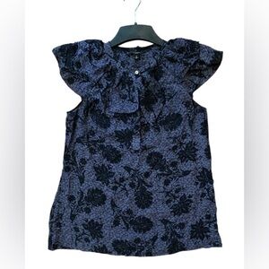 Ann Taylor 100% Silk Dark Blue formal Floral Ruffle top size medium
